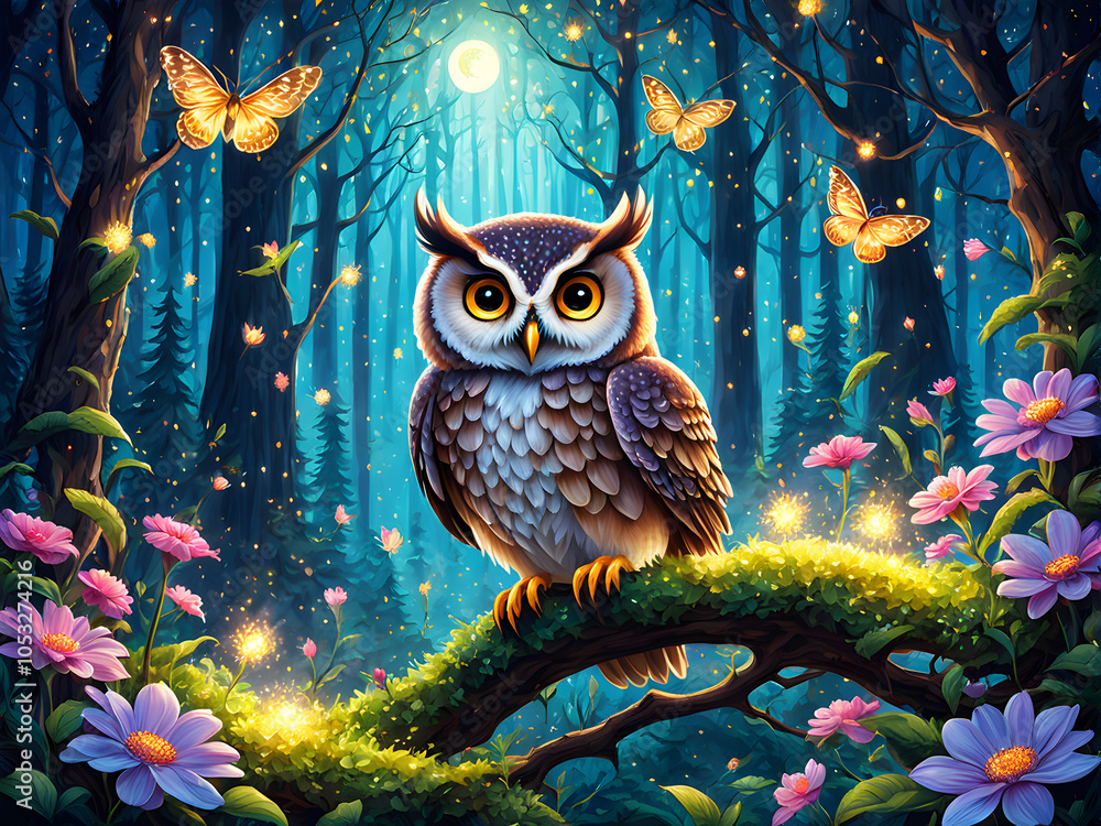 Owl Perched on Tree Branch in Enchanted Forest Owl Perched on Tree Branch in Enchanted Forest