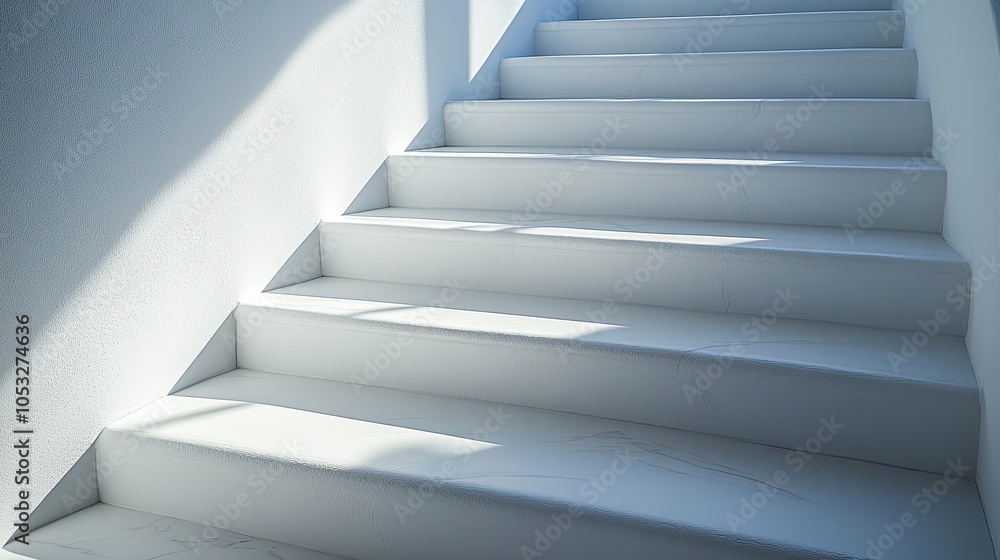 Obraz premium White marble staircase with sunlight casting shadows.