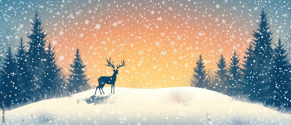 A deer is standing in the snow in front of a forest. The image has a peaceful and serene mood, with the deer being the main focus of the scene A deer is standing in the snow in front of a forest. The image has a peaceful and serene mood, with the deer being the main focus of the scene