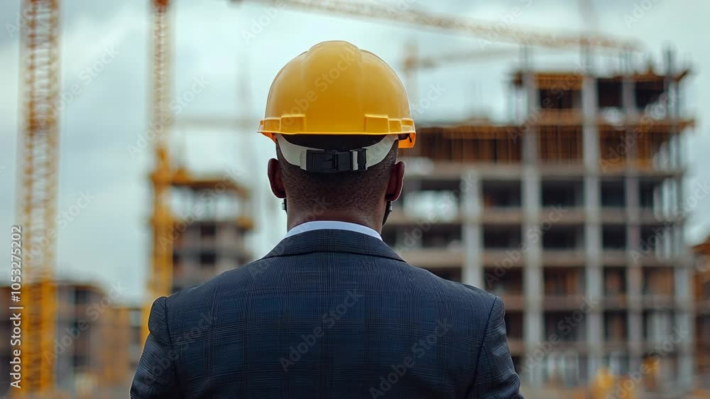 Construction Worker Looking at Building, Construction site, Construction industry, Construction helmet, Hard hat, Safety gear Construction Worker Looking at Building, Construction site, Construction industry, Construction helmet, Hard hat, Safety gear