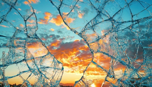 A stunning sunset is seen through a shattered glass pane, creating a striking contrast between nature and brokenness.