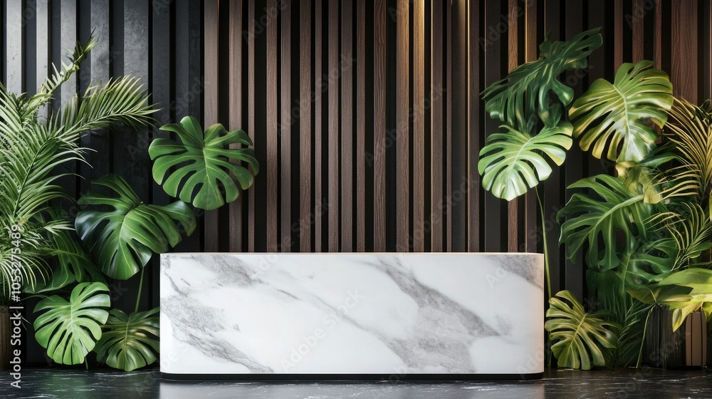 Black and brown wooden backdrop with white marble podium, enhanced with monstera and palm leaves, creating a serene yet futuristic display Black and brown wooden backdrop with white marble podium, enhanced with monstera and palm leaves, creating a serene yet futuristic display