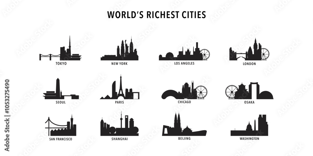 Fototapeta premium Richest cities by GDP logos, icons pack with skylines of Tokyo, New York, Los Angeles, London, Seoul, Paris, Chicago, Osaka, Beijing, Shanghai
