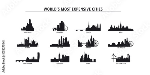 Most expensive cities logos, icon pack with skylines of Hong Kong, Singapore, Zurich, Bern, Vienna, London, New York, Copenhagen, Honolulu