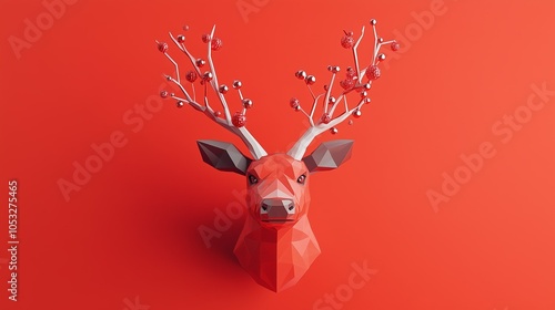Wallpaper Mural Red Reindeer: A minimalist and modern take on a classic Christmas icon. This low-poly reindeer head is rendered in a striking red, with intricate white antlers adorned with silver baubles. Torontodigital.ca