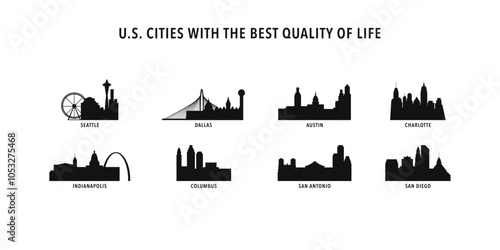 American cities with best quality of life -  logos, icons pack with skylines of Seattle, Dallas, Austin, Charlotte, Indianapolis, Columbus, San Antonio, San Diego