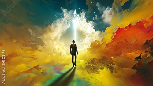 Man Walking Towards The Light in Heaven, Heaven's Gate, Clouds, Sky, Silhouette, Bright