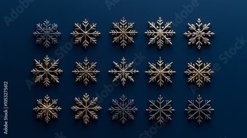 Midnight Snowflakes: Elegant gold and silver snowflakes arranged on a deep blue background, creating a sophisticated and festive winter design. Perfect for holiday cards, invitations.