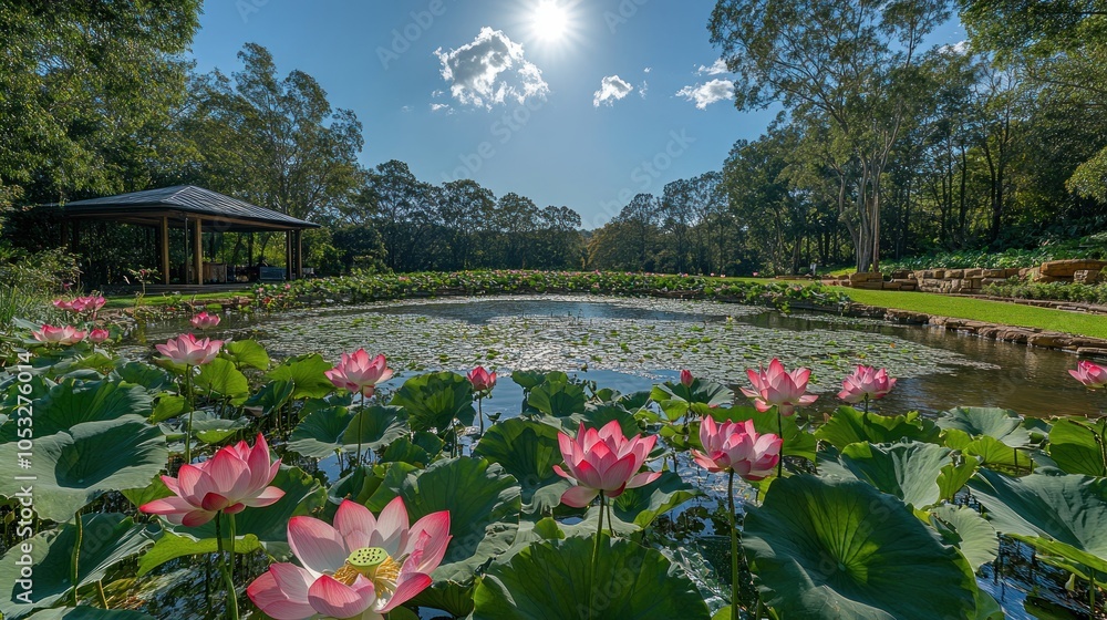 Obraz premium A serene pond with pink lotus flowers in bloom under a bright blue sky.