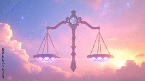 Libra Zodiac Sign: A celestial scales symbol,  representing balance, harmony, and justice, bathed in soft pink and purple hues against a dreamy, ethereal sky.