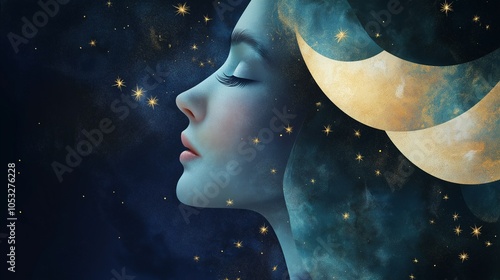 Celestial Serene: A mystical portrait of a woman adorned with celestial elements, bathed in the ethereal glow of stars and a crescent moon.