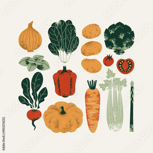 Various fresh food collection. Pumpkin with spinach and carrot with celery and artichoke. Vector illustration