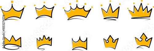 Set of hand drawn gold crown icons, representing luxury, royalty, and elegance, includes king, queen, prince, and princess designs, simple line doodle style