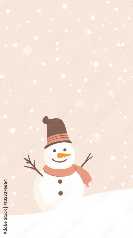 A snowman with a scarf and hat is standing in the snow. The image has a wintery and cozy mood A snowman with a scarf and hat is standing in the snow. The image has a wintery and cozy mood