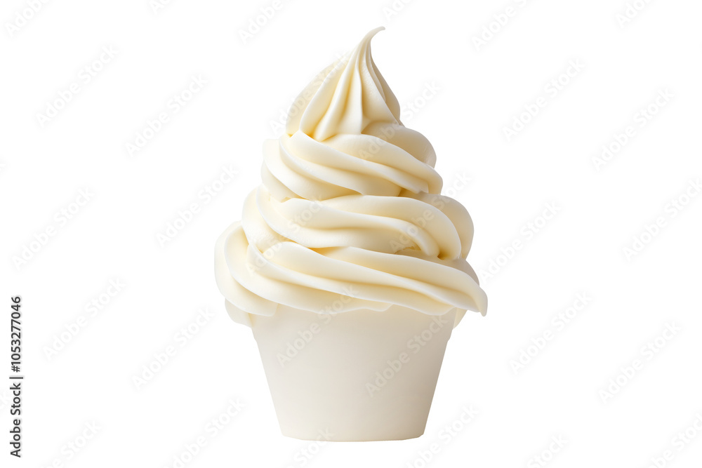 Closeup of creamy vanilla ice cream scoop or clotted cream. Smooth texture with swirls isolated on white background. Concept of dessert and sweet treat