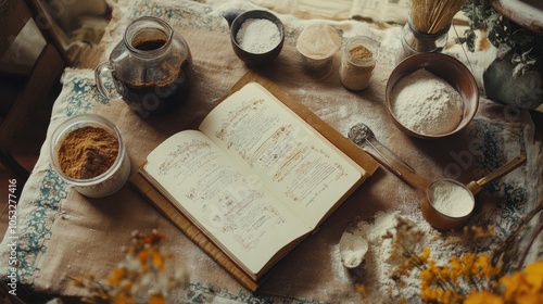 Cozy flat lay with a family recipe book, flour, spices, and measuring cups arranged around, capturing a homely vibe.