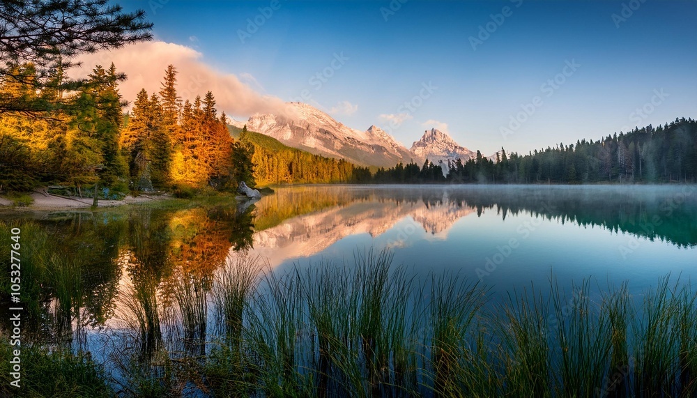 Tranquil lake reflections at dawn Tranquil lake reflections at dawn