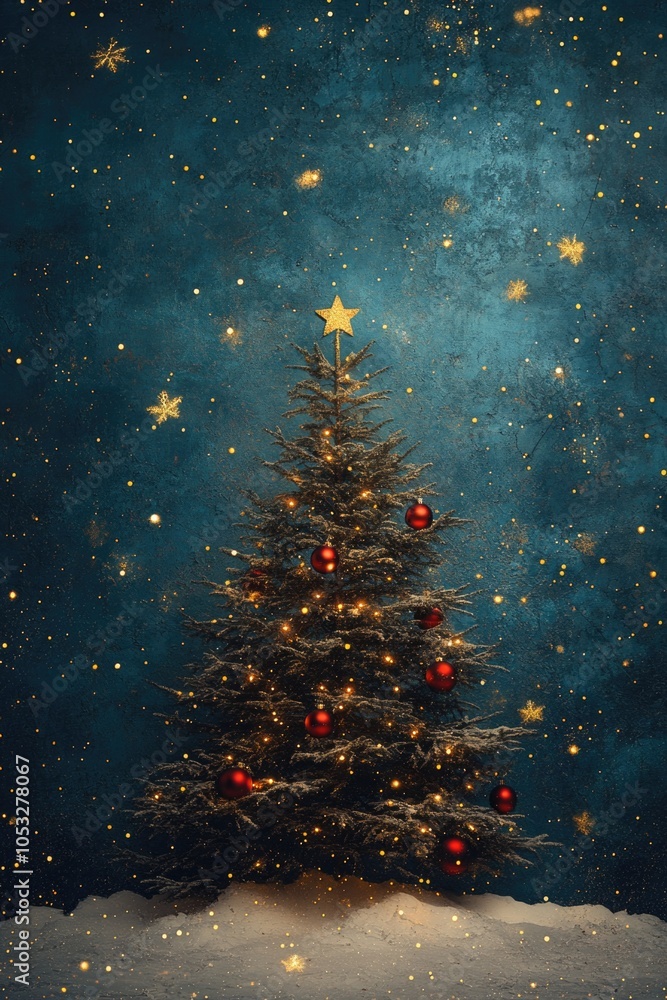 Fototapeta premium A Christmas tree with red ornaments is lit up and surrounded by snow. The scene is set against a blue sky, giving a sense of a winter wonderland