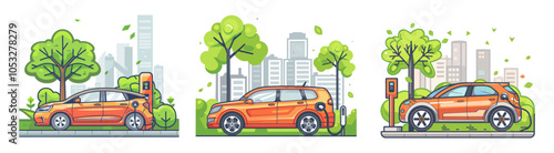 Electric cars charging urban park outline vector concepts. Green trees city skyline eco friendly power future vehicles energy landscape modern isolated scenes