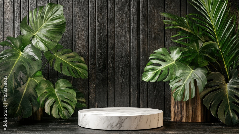 Elegant white marble podium on black-brown wooden background with palm and monstera leaves, designed for a futuristic aesthetic Elegant white marble podium on black-brown wooden background with palm and monstera leaves, designed for a futuristic aesthetic