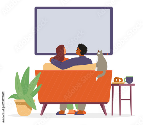 Multiracial couple with a cat watching TV together sitting on the couch flat vector illustration. View from the back.