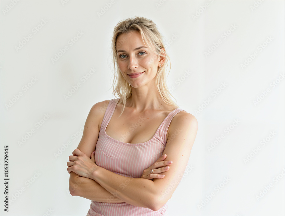 Portrait of a beautiful young woman with her arms crossed against white background Portrait of a beautiful young woman with her arms crossed against white background