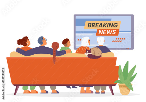Family with a cat sitting on the couch watching news on TV flat vector illustration isolated on white. View from the back.