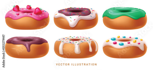 Birthday donut vector set design. Colorful donuts with assorted flavor and toppings sweet elements for holiday party in white background. Vector illustration realistic dessert food collection.
