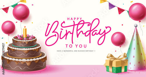 Happy birthday greeting vector banner design. Birthday greeting text with chocolate cake, party hat, balloons, confetti and pennants in festive decoration background. Vector illustration kids party 