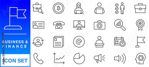 Business and Finance web icons in line style. Money, bank, contact, infographic. Icon collection. Vector illustration photo