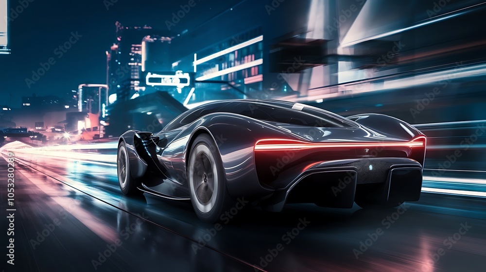 Obraz premium High-Speed Futuristic Car with Cutting-Edge Design, Sleek Futuristic Sports Car with Neon Accents