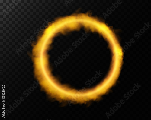 A magical fantasy portal. Round light frame with golden smoke and dust, futuristic teleporter. Golden neon lights illuminate night scene on transparent background. Light effect
