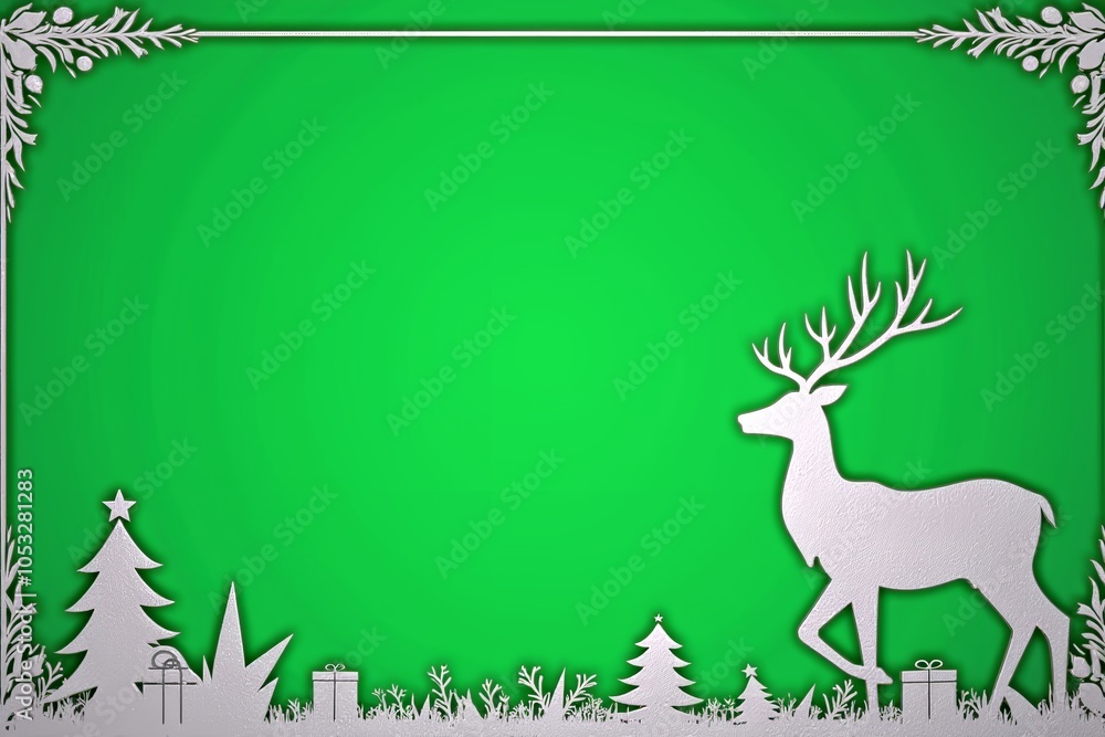 Fototapeta premium Christmas frame, Image of white reindeer silhouette, green background, there is space for text