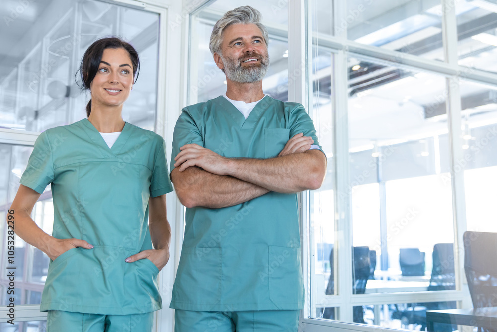 Fototapeta premium Two doctors standing in the clinic corridor and looking confident