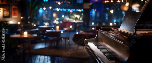 Grand piano in a dimly lit jazz bar with tables and chairs in the background.