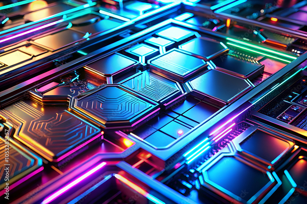 A vibrant, futuristic circuit board design with colorful lights and intricate patterns, showcasing technology and digital innovation. A vibrant, futuristic circuit board design with colorful lights and intricate patterns, showcasing technology and digital innovation.