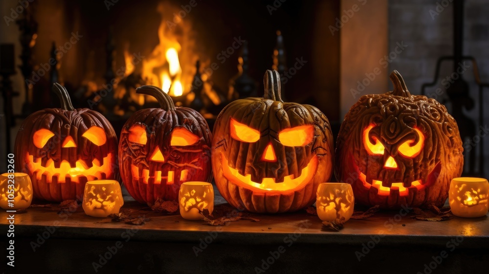 Fototapeta premium halloween jack o lantern candles and fireplace in background