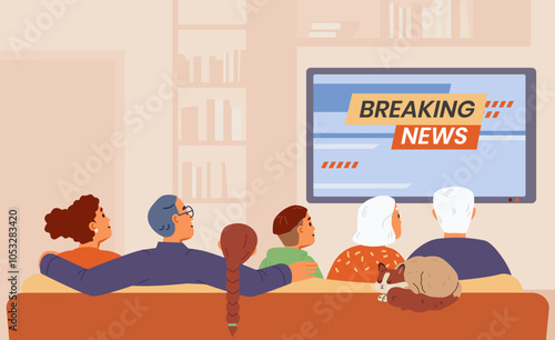 Family with a cat sitting on the couch watching news on TV flat vector illustration. View from the back.