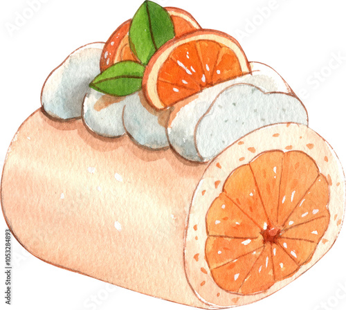 Rolled cake topped with orange, Hand Drawn Illustration Watercolor paintin photo