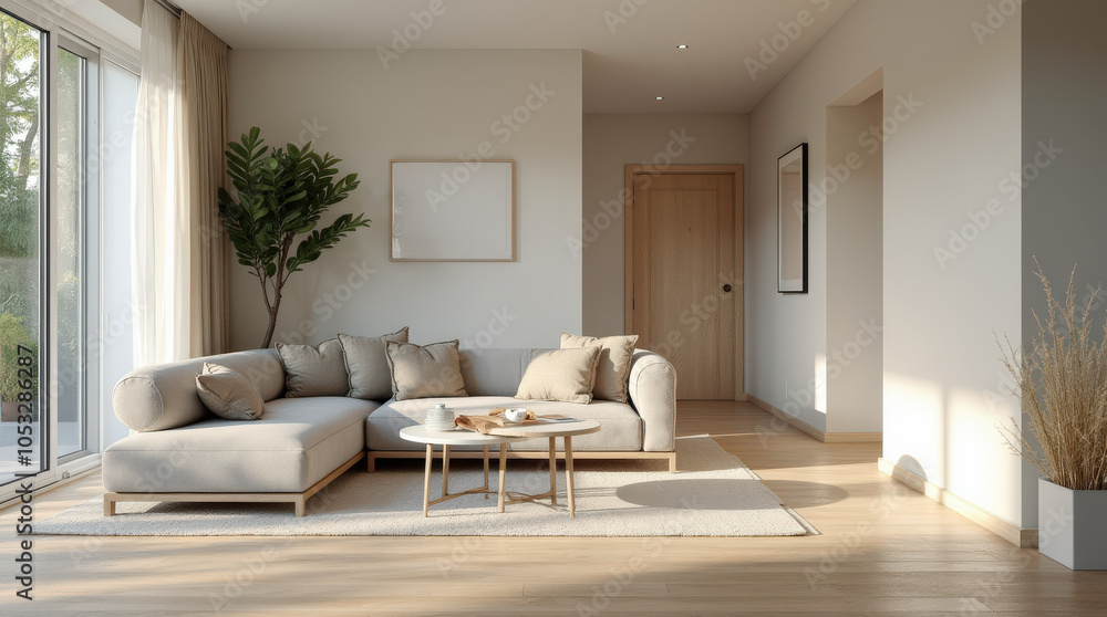 Fototapeta premium Elegant Modern Living Room Interior with Minimalist Decor and Neutral Color Scheme - Art Mockup Ready
