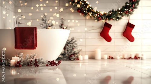 Festive bathroom scene with a modern tub, holiday decorations, candles, and a warm ambiance for a cozy atmosphere.