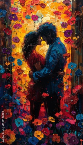 Celebrate the enduring love of an elderly couple, embracing with radiant smiles against a vivid, colorful backdrop. This joyful scene captures the essence of an active senior lifestyle, portraying .