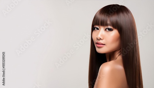 Beautiful Model with Shiny, Long, Straight Brown Hair for Keratin Haircare and Styling Products photo