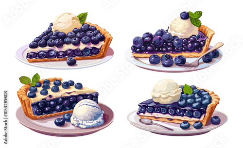 Ice cream blueberry pie with cartoon vector concepts. Plate dessert garnished fresh berries sweet pastry whipped baked homemade slice leaf vanilla isolated illustrations