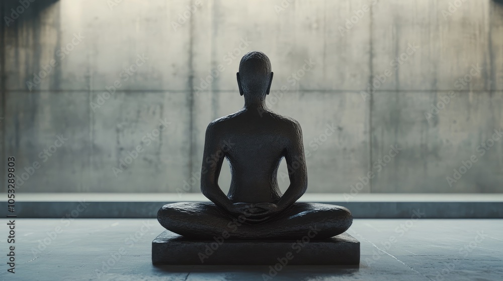 Black Sculpture of a Person Meditating in Front of a Concrete Wall Black Sculpture of a Person Meditating in Front of a Concrete Wall