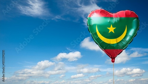 モーリタニアの国旗のハート型の風船と青空(Mauritania flag heart-shaped balloon and blue sky.)
 photo