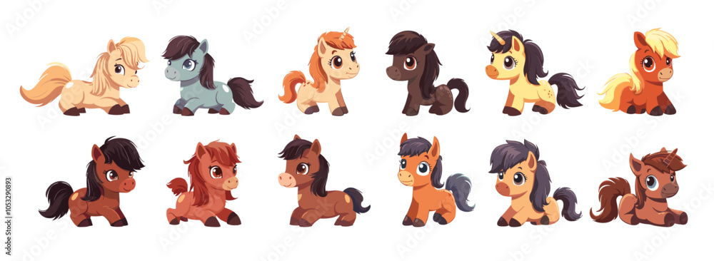 Little equines cartoon vector concepts. Tiny horses ponies mane tail shapes enchanted vivid beings cheerful animation characters fun children isolated illustrations white background Little equines cartoon vector concepts. Tiny horses ponies mane tail shapes enchanted vivid beings cheerful animation characters fun children isolated illustrations white background
