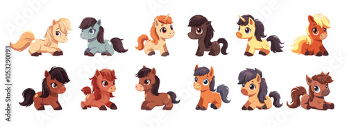 Little equines cartoon vector concepts. Tiny horses ponies mane tail shapes enchanted vivid beings cheerful animation characters fun children isolated illustrations white background