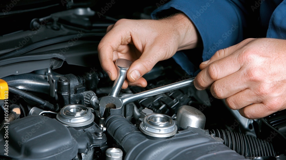 Fototapeta premium Grease-stained hands gripping a wrench, carefully adjusting a bolt deep within a car engine, surrounded by complex parts 