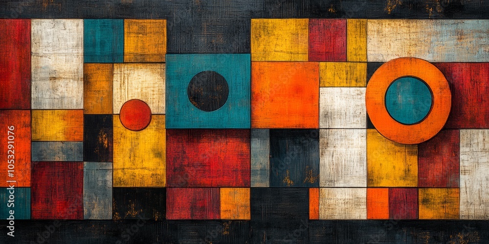 Fototapeta premium Vibrant geometric composition, layered squares and circles, contemporary design, bold colors, dynamic arrangement, modern artistic expression